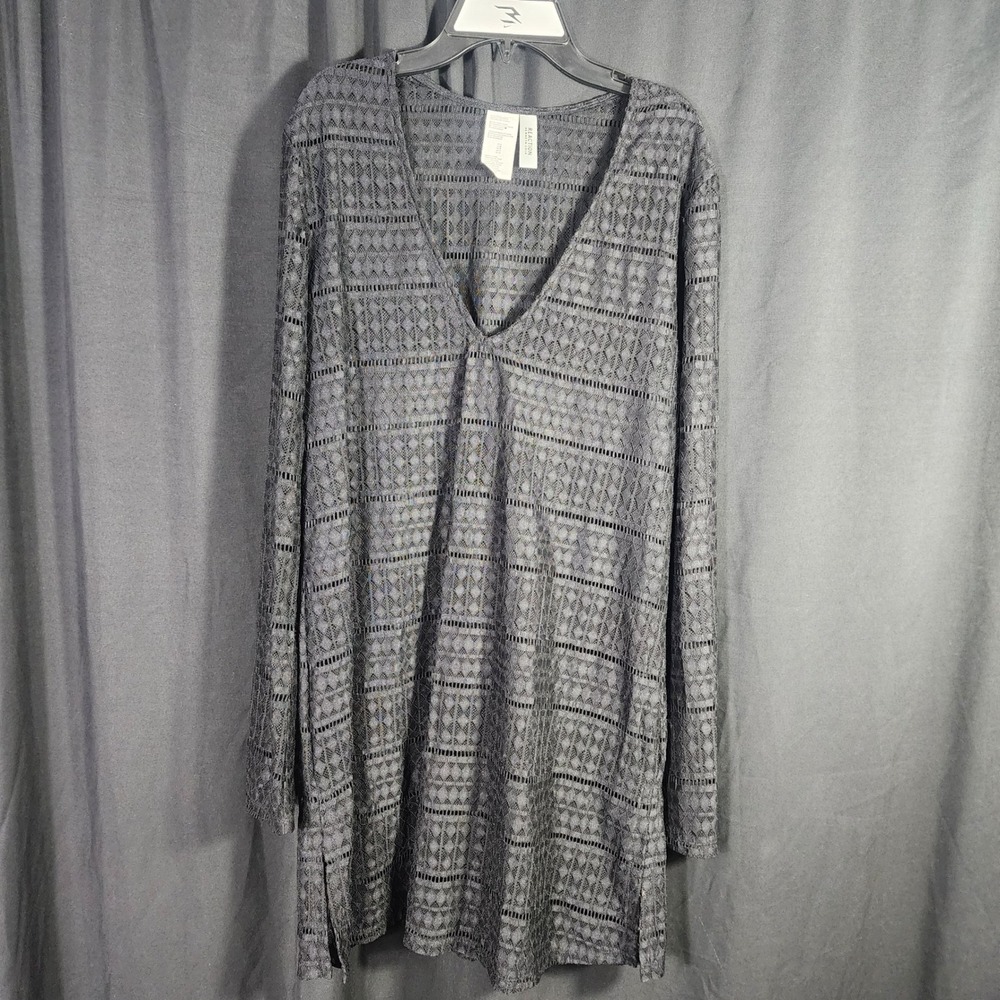 Kenneth Cole Reaction Black Crochet Lace Cover Dress V Neck Tunic Geometric NWT